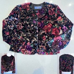 Vintage Norton McNaughton Multicolor Floral Velvet Blazer Petite PTP approx 19”